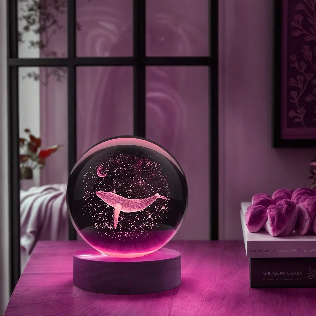 Veilleuse Cristal 3D Lune & Baleine Lumineuse