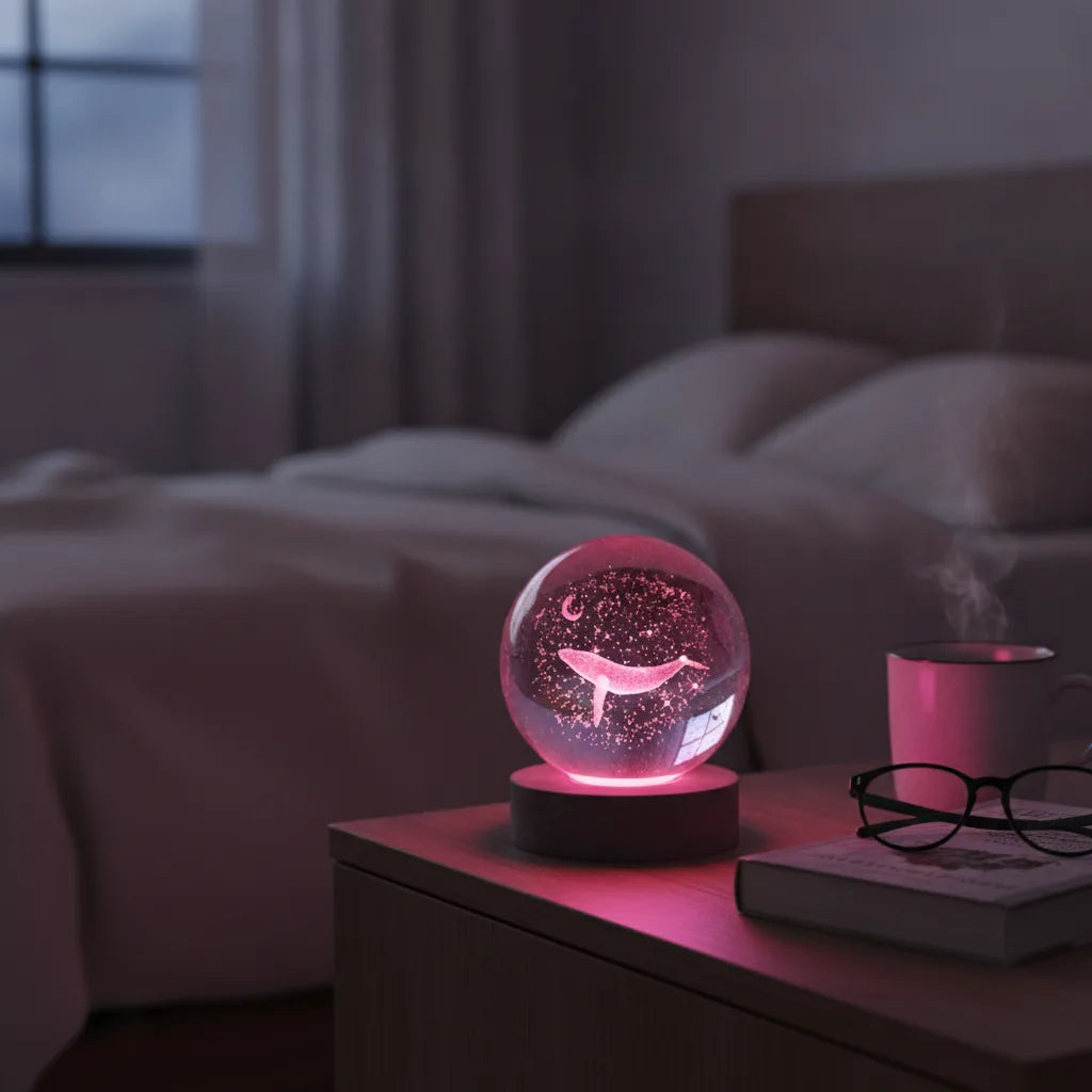 Veilleuse Cristal 3D Lune & Baleine Lumineuse